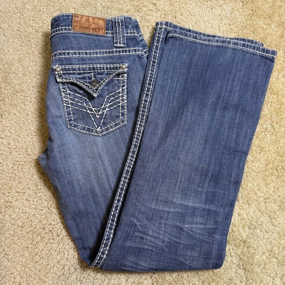 Vtg Vigoss Y2K WHISKERED Boot Cut Jeans‎ Stretch Western Embroidery SZ 11 Flaps
